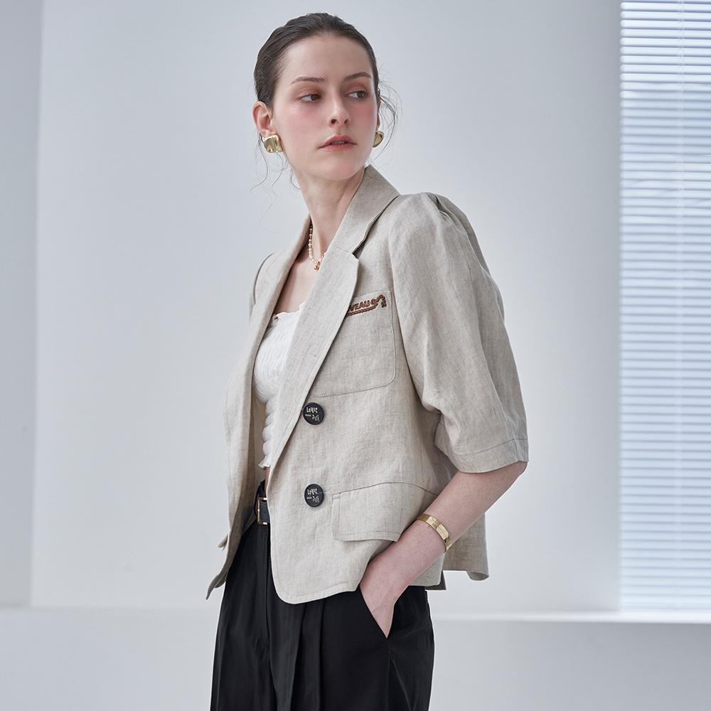 Linen Embroidered Volume-Sleeve Short Jacket